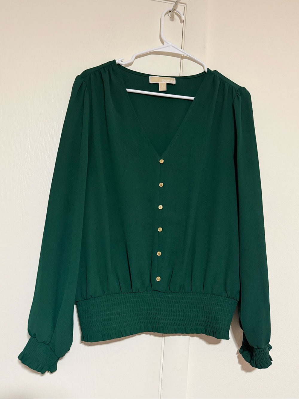 Michael Kors Emerald Green V-Neck Button Front Blouse L